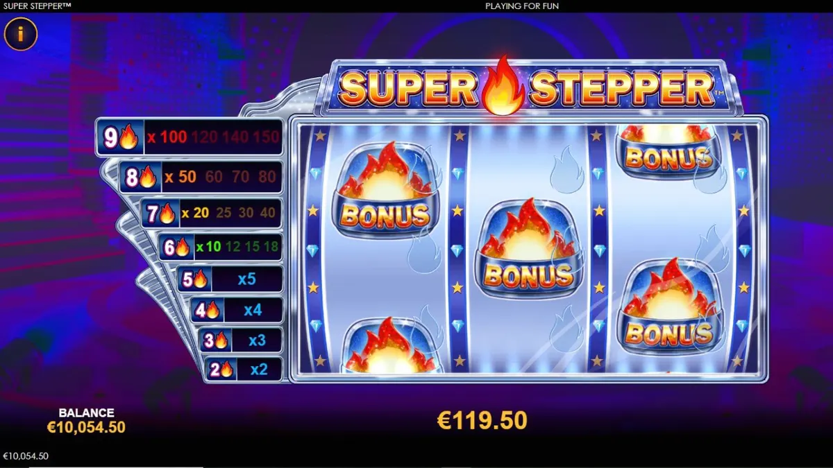 Tampilan visual slot Super Stepper dengan tema neon ungu dan simbol klasik